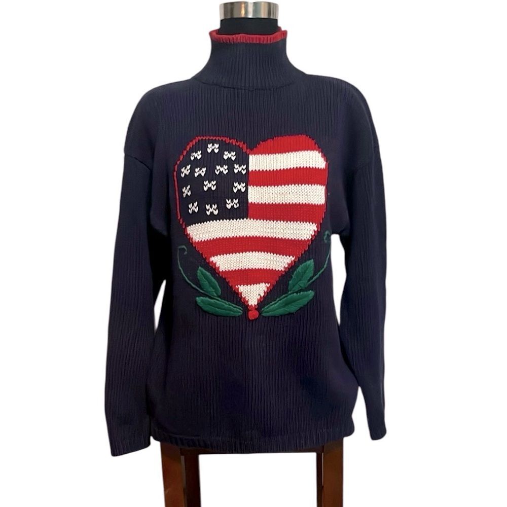 Vintage the eagle’s eye Heart Flag USA Embroidered Cable Knit Navy Sweater M